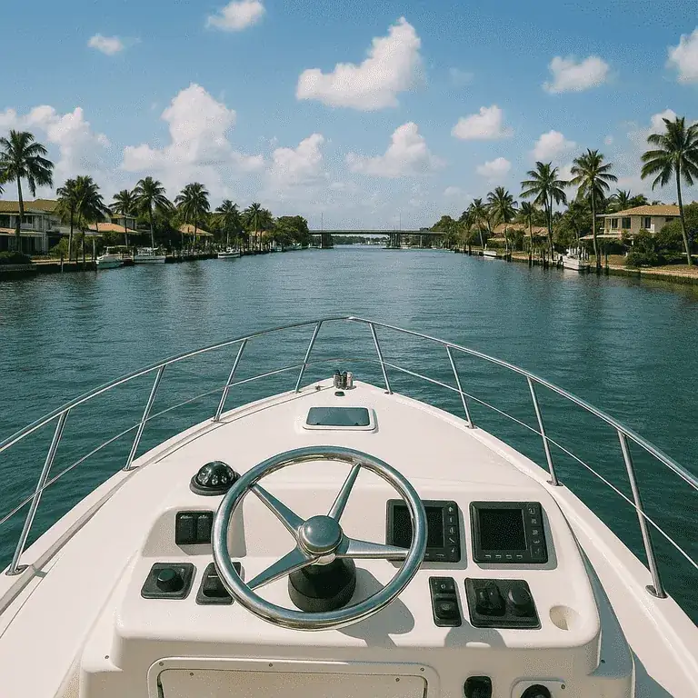 Charter boat idling along the calm Intracoastal Waterway near Pompano Beach with channel markers ahead