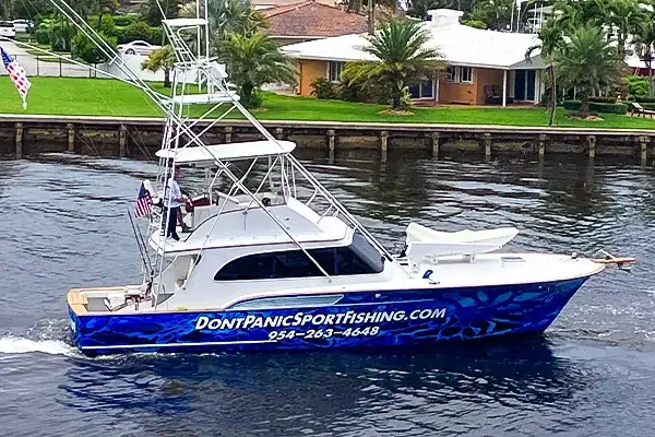 Don't Panic, a 47-foot Buddy Davis sportfishing yacht running offshore fishing charters out of Pompano Beach, FL - Don't Panic Sportfishing