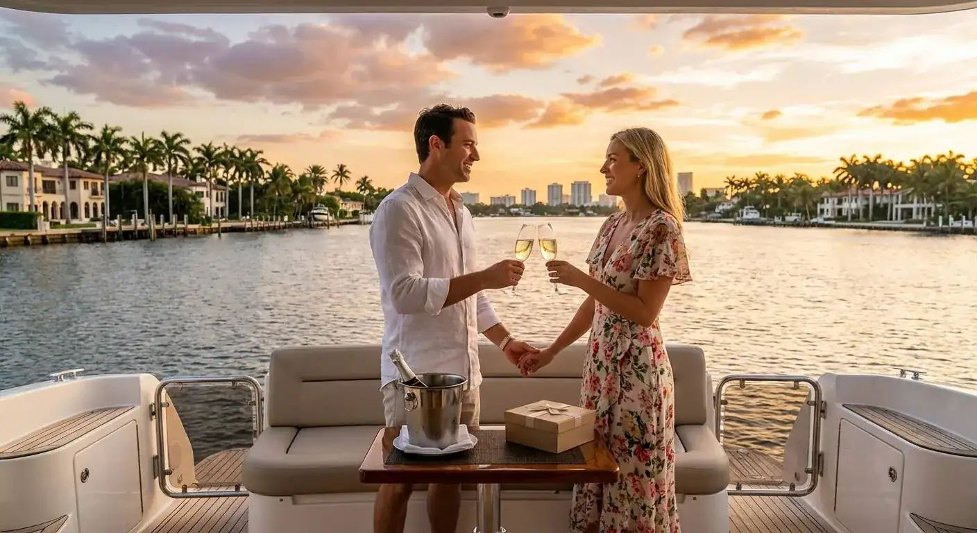 Couple toasting at sunset on the deck of a private charter boat off Pompano Beach