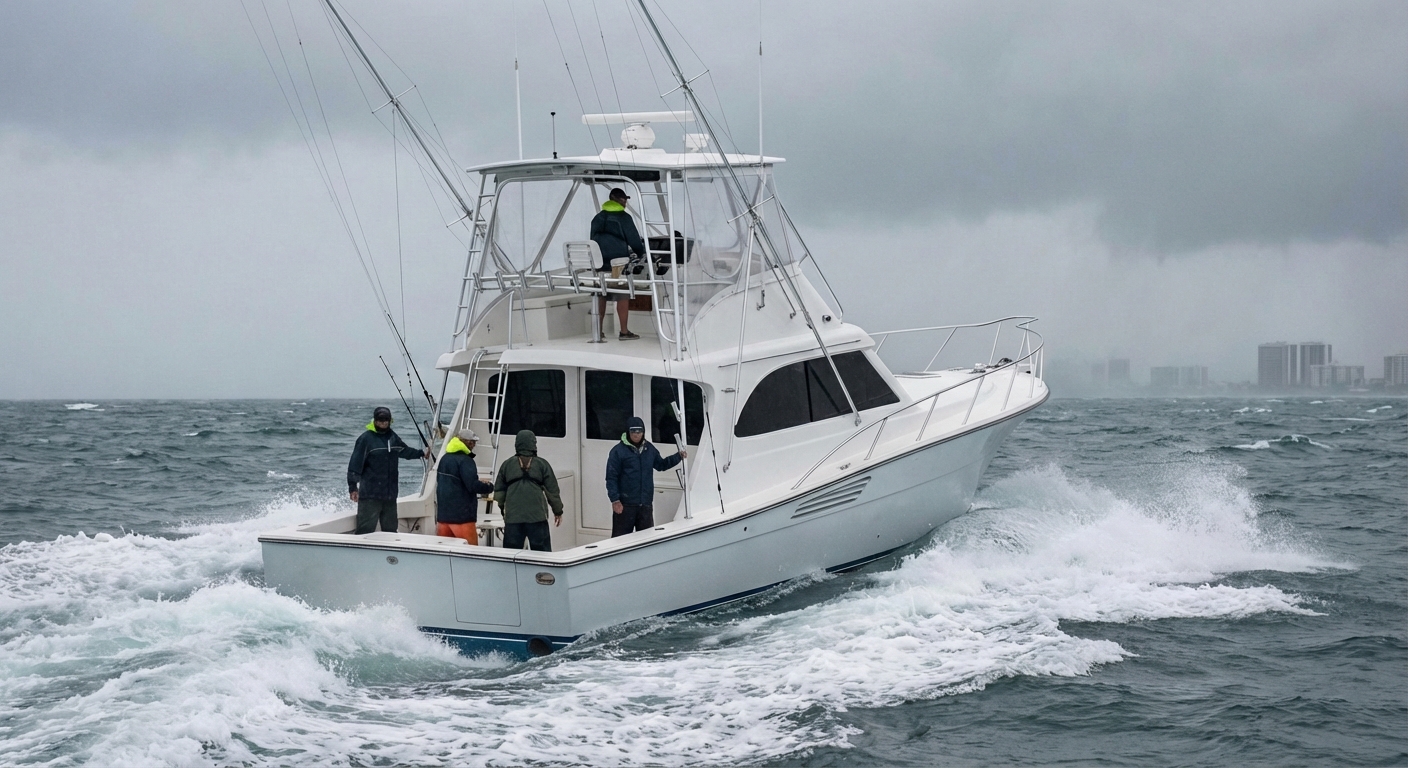 Private fishing charter boat navigating rough South Florida waters safely