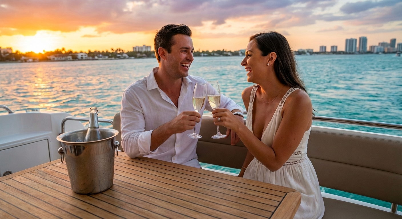 Engagement celebration on a private charter yacht in South Florida with a romantic sunset and happy couple